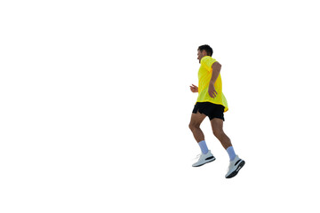 Vibrant athlete sprinting energetically against a minimalistic backdrop
