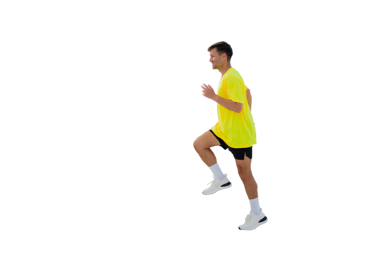 Running in vibrant yellow attire showcasing athletic energy and movement