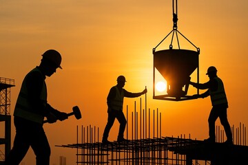 Silhouette of construction workers at sunset 