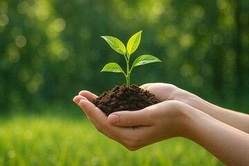 Young hands gently cradle a small green plant, symbolizing new life, growth, and care for nature's environment