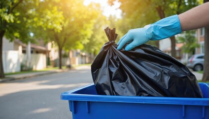 Gloved hand deposits full black trash bag into blue bin on sunny day. Clean city street, suburban neighborhood background. Sanitation service, waste management, environmental responsibility concept.