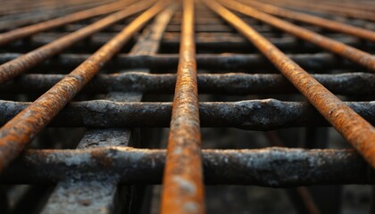 Close-up of rusted steel bars arranged in grid pattern. Early morning light enhances orange, black textured metal surface, revealing intricate details of weathered industrial groundwork. Geometric