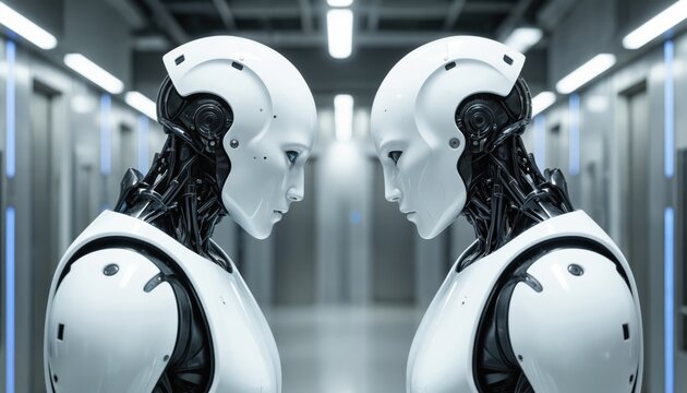 Two futuristic robots face in advanced industrial setting. Sleek white bodies, visible mechanics suggest sophisticated engineering, automation. Background features clean, modern environment with