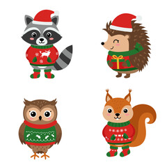 Naklejka premium Cartoon animals wearing christmas sweaters and hats on transparent background