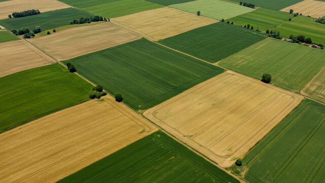 Aerial shot reveals a geometric patchwork of green and golden farmlands perspective