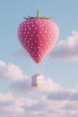 Floating giant strawberry balloon over soft clouds with tiny basket below