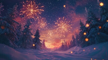 Festive fireworks winter forest