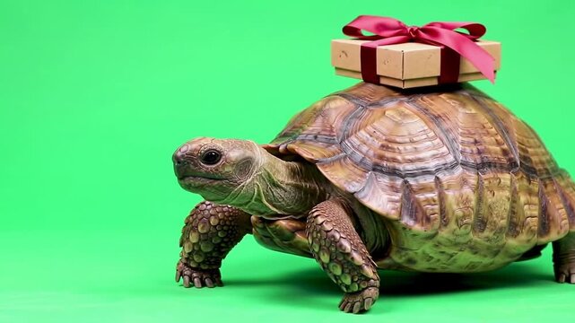 Slow moving tortoise with gift boxes on its back against green background showing steps of walking