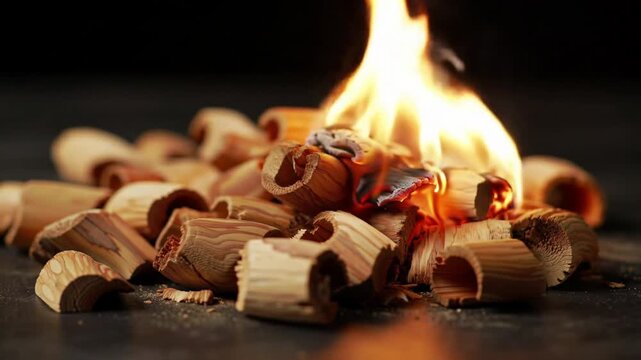 Step by step ignition and burning process of wood chips captured in close up