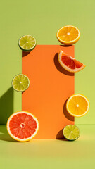 Fresh citrus slices arranged with modern design on a colorful green and orange podium