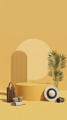 Minimalist yellow podium with palm leaves and summer accessories for display