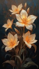 Fototapeta premium Delicate lilies bloom with warm orange centers, soft white petals, creating elegant floral display. Illustration features moody, dark background makes vibrant petals glow, suggesting gentle twilight