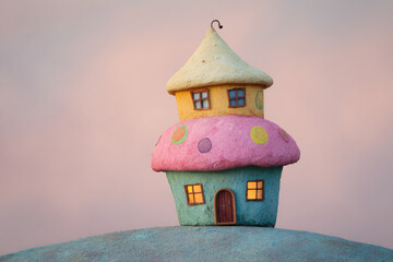 Whimsical cupcake house surrounded by pastel colors and surreal elements