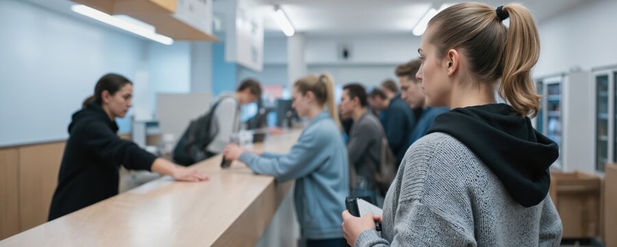 Group of people wait in line at counter in indoor building, possibly office reception area. Individuals stand patiently, suggesting service registration process. Scene captures common daily activity
