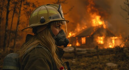 Naklejka premium Firefighter Battling Wildfire Structure Fire Emergency Response