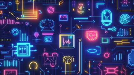 Futuristic Neon Circuit Board Pattern with Tech and Culinary Elements