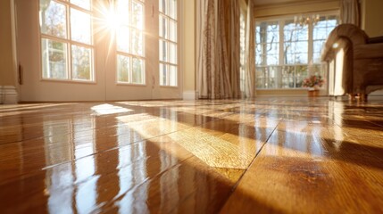 Sunlight streams onto polished hardwood floors