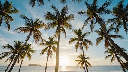 Scenic view of tall coconut palm trees silhouetted against a beautiful tropical sunset by the beach. The golden sunlight reflects off the calm ocean, creating a peaceful and serene vacation vibe.