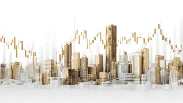 Gold cityscape with stock market data
