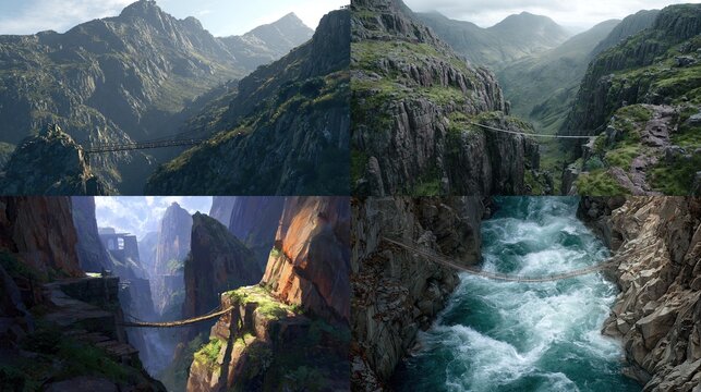 Quadruple landscape imagery showcasing diverse mountainous terrain; each panel depicts a precarious rope bridge spanning a chasm, with varying lighting, and scale
