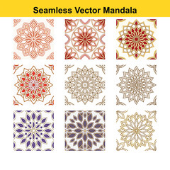 Geometric floral patterns in red gold and purple mandala symmetrical