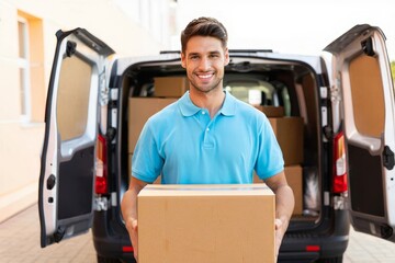 Reliable moving and delivery services professional courier holding cardboard box van