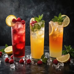 Three tall glasses hold colorful layered cocktails adorned with fresh raspberries, lemon slices, mint sprigs. Ice cubes fill glasses for refreshing summer drink experience, perfect for bars, parties,