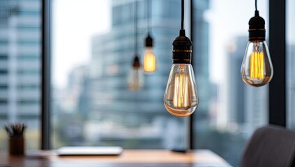 Obraz premium Modern office lamps with city view