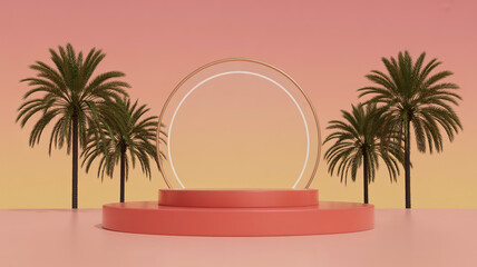 Pastel tropical background with palm trees and product podium for displaying merchandise