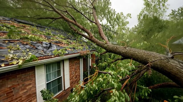 Fallen tree crushing a residential house roof after storm damage, Large fallen tree crushing a residential house after a storm, Damaged house with fallen trees after a storm, 4k video