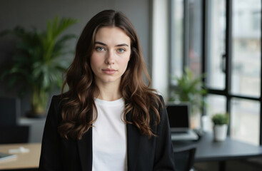 Confident young businesswoman portrait in modern office. Pro female employee with long brown hair wears black blazer. Calm expression, direct gaze. Office background with plants, desk, laptop implies