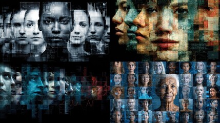 A digital collage featuring fragmented faces of diverse women, arranged in various compositions; some are close-ups, others are tiled mosaics, all with a technological, data-like aesthetic