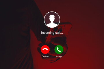Incoming call graphic interface design overlaid on a smartphone with red neon studio lighting. A close-up of a man holding a phone in his hand and accepting a call.