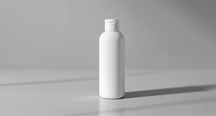 Blank White Cosmetic Bottle Mockup on Gray Tiled Floor with Minimalist Studio Lighting