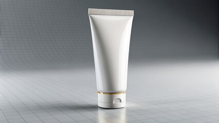 Blank White Cosmetic Product Tube Mockup with Gold Accent on Modern Grey Grid Background for Br
