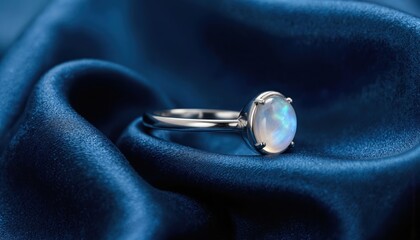 Elegant silver ring cabochon-cut rainbow moonstone on luxurious blue silk fabric. Delicate feminine accessory with magical, ethereal glow. Sophisticated craftsmanship for special occasions like