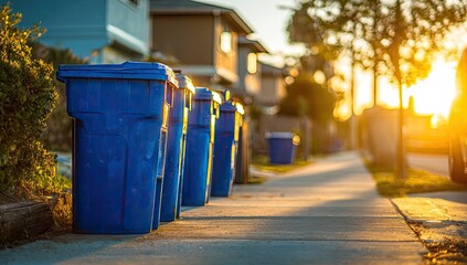 Naklejka premium Blue recycling bins on a sidewalk at sunset