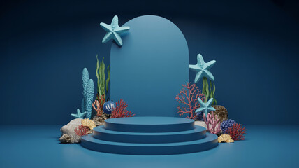 Three-tiered blue podium surrounded by starfish coral and underwater aquatic elements 3d render