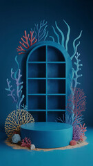 Underwater scene with a blue podium surrounded by colorful coral and seaweed design