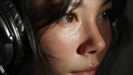 Female with headphones looking at microphone, focused on sound quality or performance