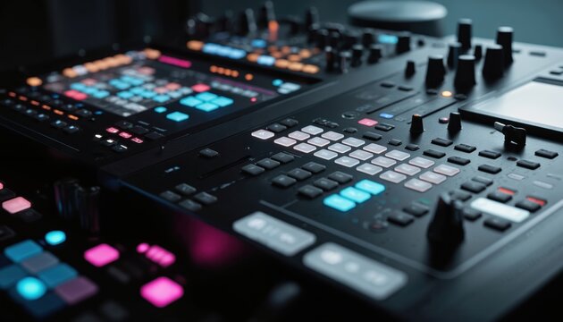 Advanced technology control panel with pro lighting, featuring user-friendly interface, illuminated buttons. Modern electronic equipment innovation through dynamic display, intricate graphic design