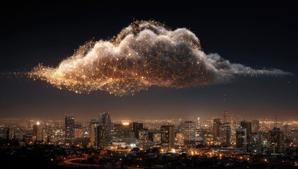 Night city skyline, glowing cloud network, data transfer, digital future