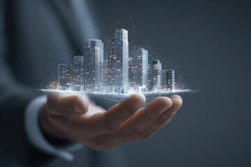 A businessman's hand holds a digital city