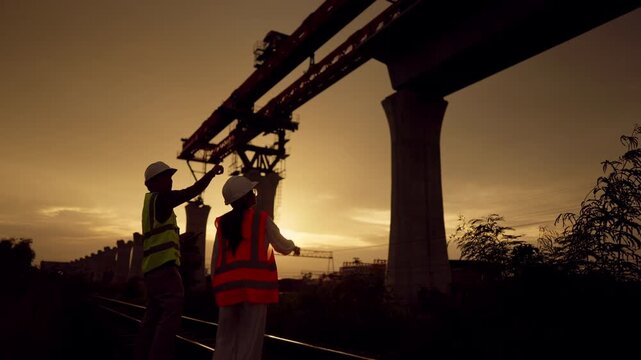 Two people are standing on a train track. One of them is wearing a yellow vest. The other person is wearing a red vest