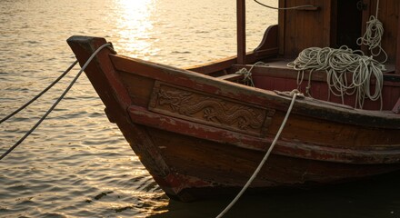 dragon sign | A beautifully crafted wooden boat with intricate carvings rests gently on shimmering water at sunset, reflecting warm hues and creating a serene atmosphere