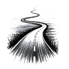 Winding road illustration with dashed lines and roadside vegetation in monochrome style drawing art
