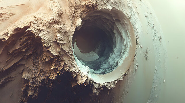 A deep, textured crater dominates an alien or desert-like landscape, showcasing striking geological formations and abstract natural patterns.
