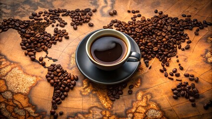 A cup of coffee placed on a world map made of coffee beans on a wooden surface