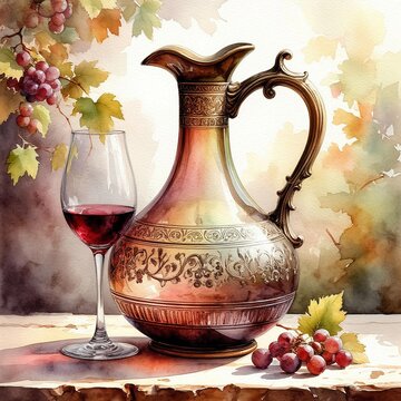 Elegant glass jug for water and wine and bunches of ripe grapes. Watercolor illustration. A hand-painted jug against stone wall and a glass of red wine. Sunny light, Spanish villa. Theme of winemaking