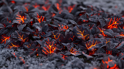Close-up of dark leaves with vibrant, glowing orange and red veins, creating a mysterious and futuristic bioluminescent organic pattern.